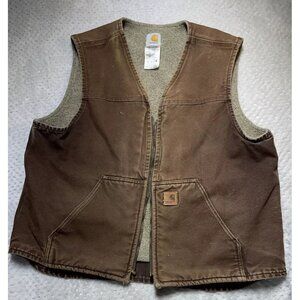 Vtg Carhartt Brown  Sherpa Lined Zipper Vest Men's X Larg 14806 Work Distressed